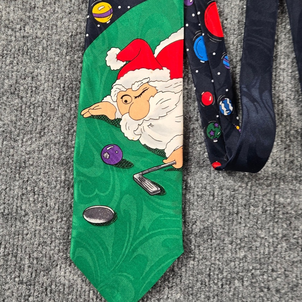 Hallmark SpecialTies Santa Golf Christmas Tie Mens Navy Green Holiday Novelty
